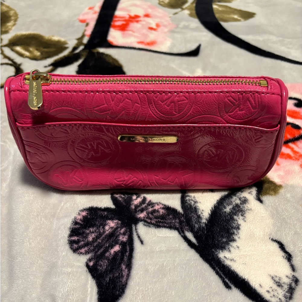 Michael Kors Bright Pink Embossed Cosmetic Pouch with Gold Hardware